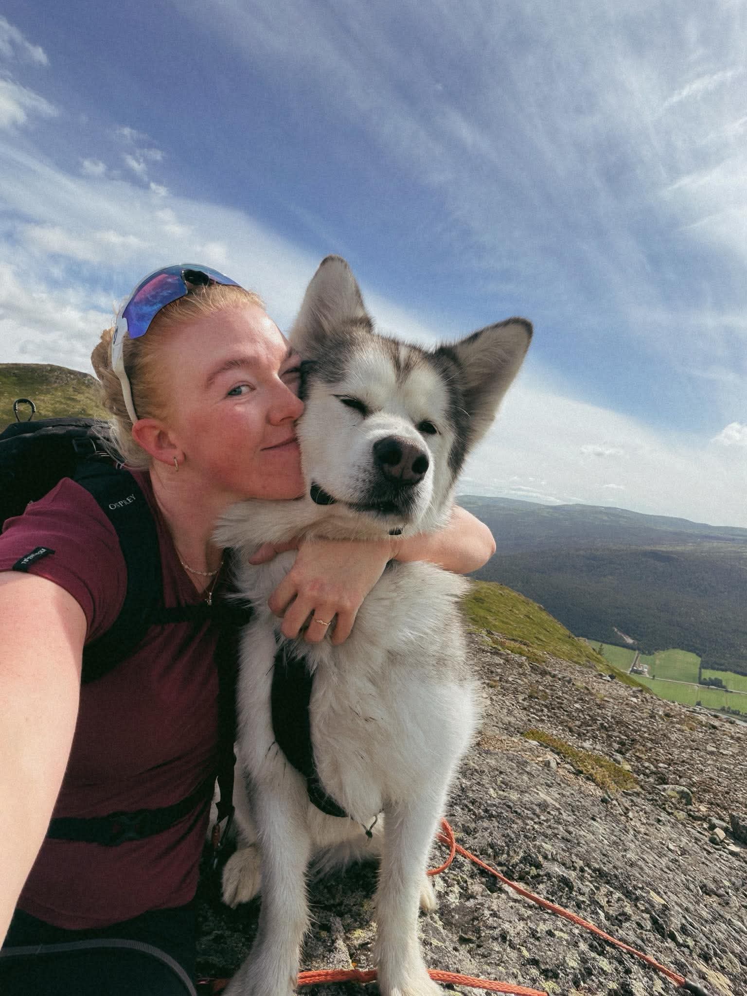 Karina Holshaug holder rundt en husky på en fjelltur
